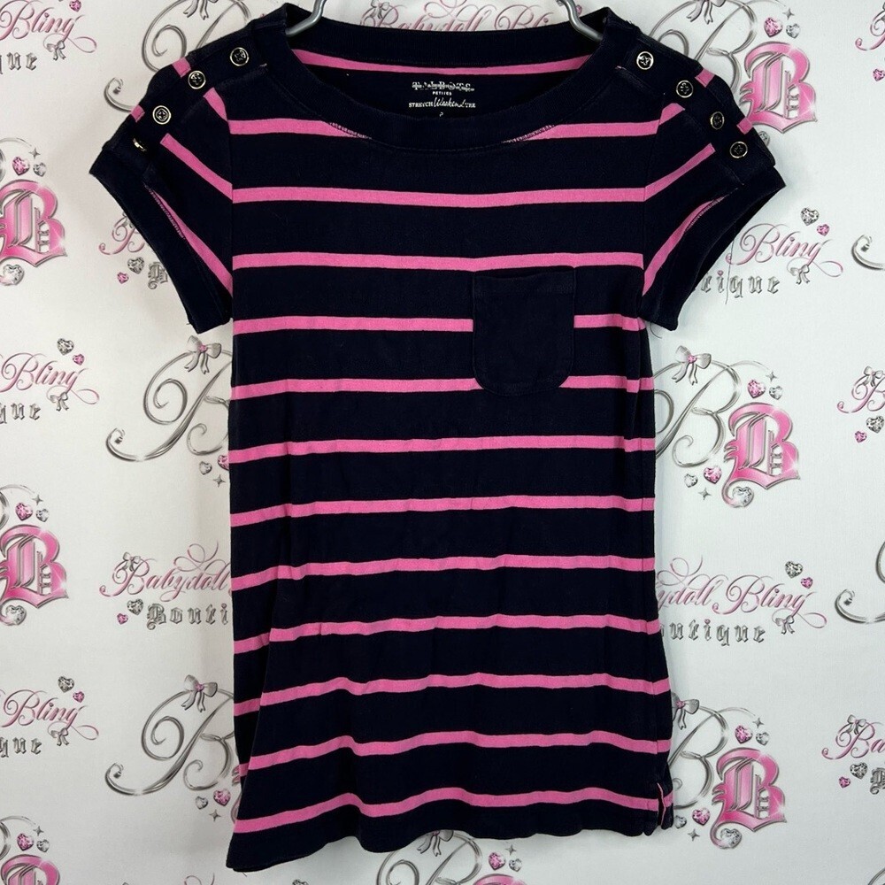 Talbots tshirt buttons striped shirt Navy and Pink Striped Top weekend tee